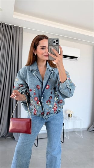 Mavi Nakış İşlemeli Bomber Kot Ceket