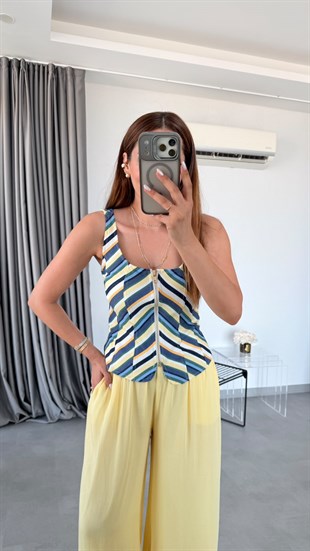 Sarı Perla Geniş Paça Dökümlü Pantolon