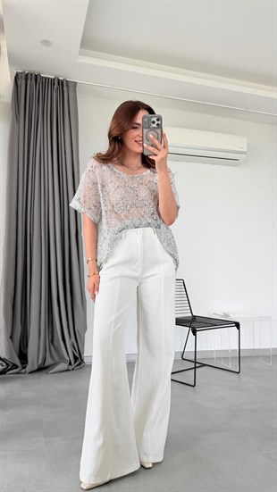 Gri Viktorya Pull Tasarım File Bluz