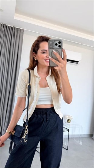 Taş Rengi Britney Dantelli Yarım Kol Hırka