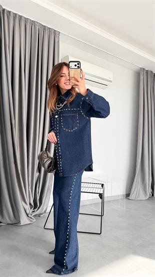 Zımba Detaylı Denim Ceket Pantolon Takım