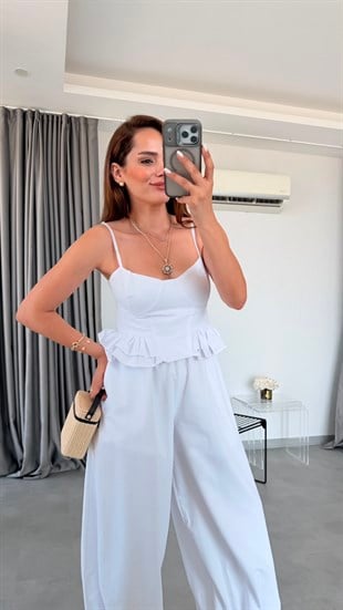 Beyaz Sien İp Askılı Bluz Pantolon Takım
