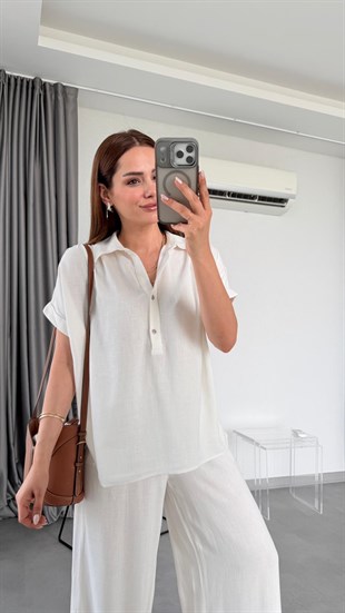Beyaz Haiti Keten Bluz Pantolon Takım