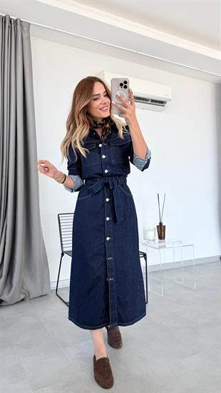 Gloria Boydan Düğmeli Cepli Kuşaklı Denim Elbise