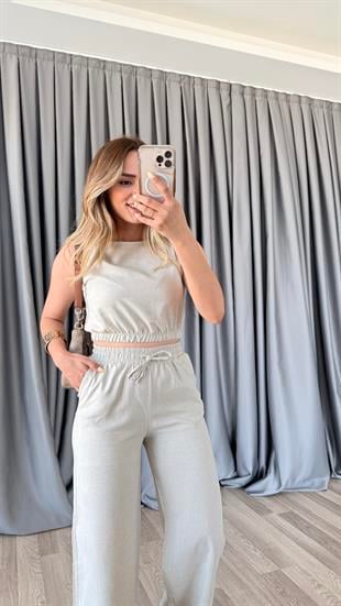 Pelin Yıldız Butik | Sofya Keten Crop Beli Lastikli Pantolon Takım | Kadın Giyim