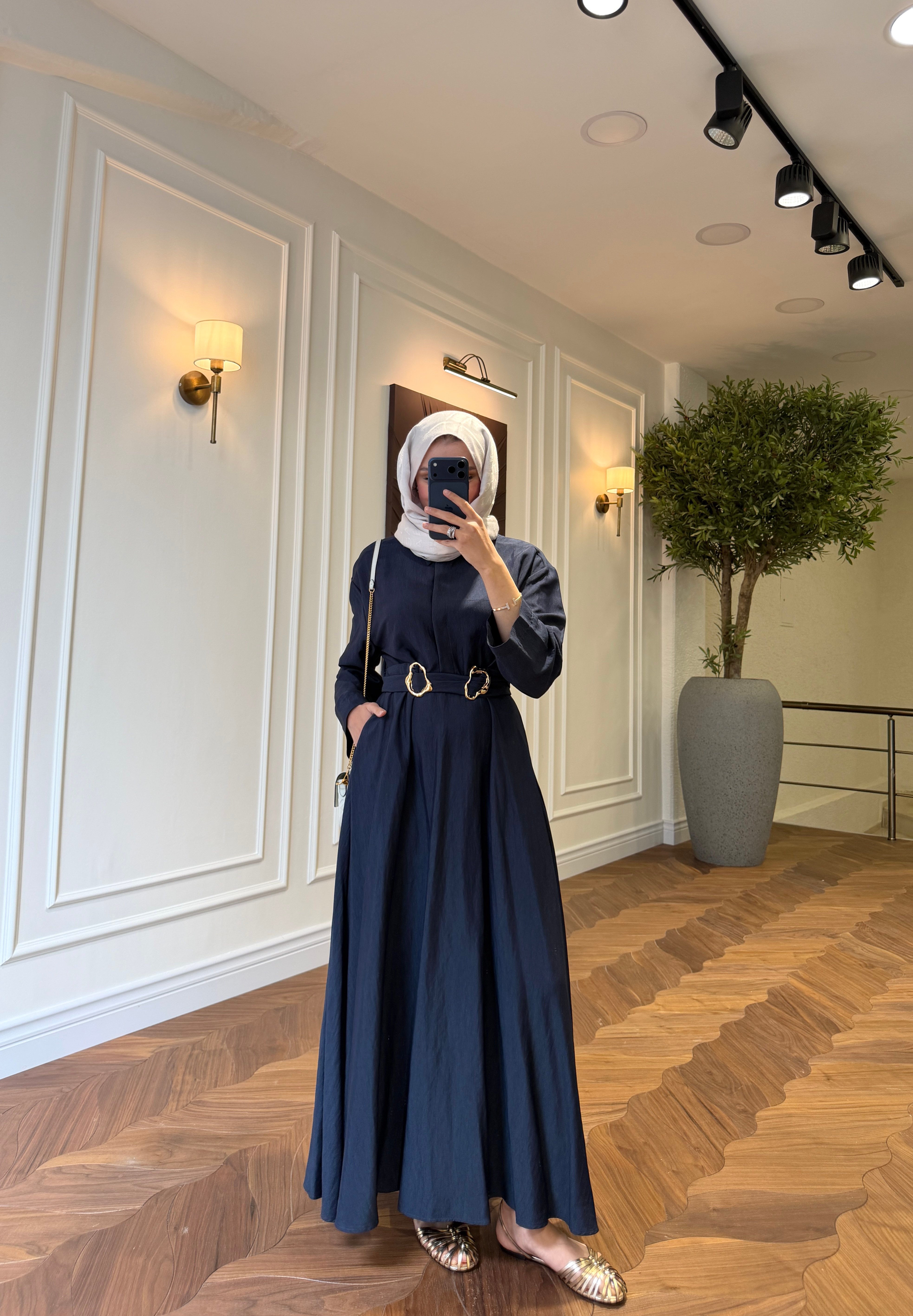 Luna Gold Kemerli Elbise - Lacivert 