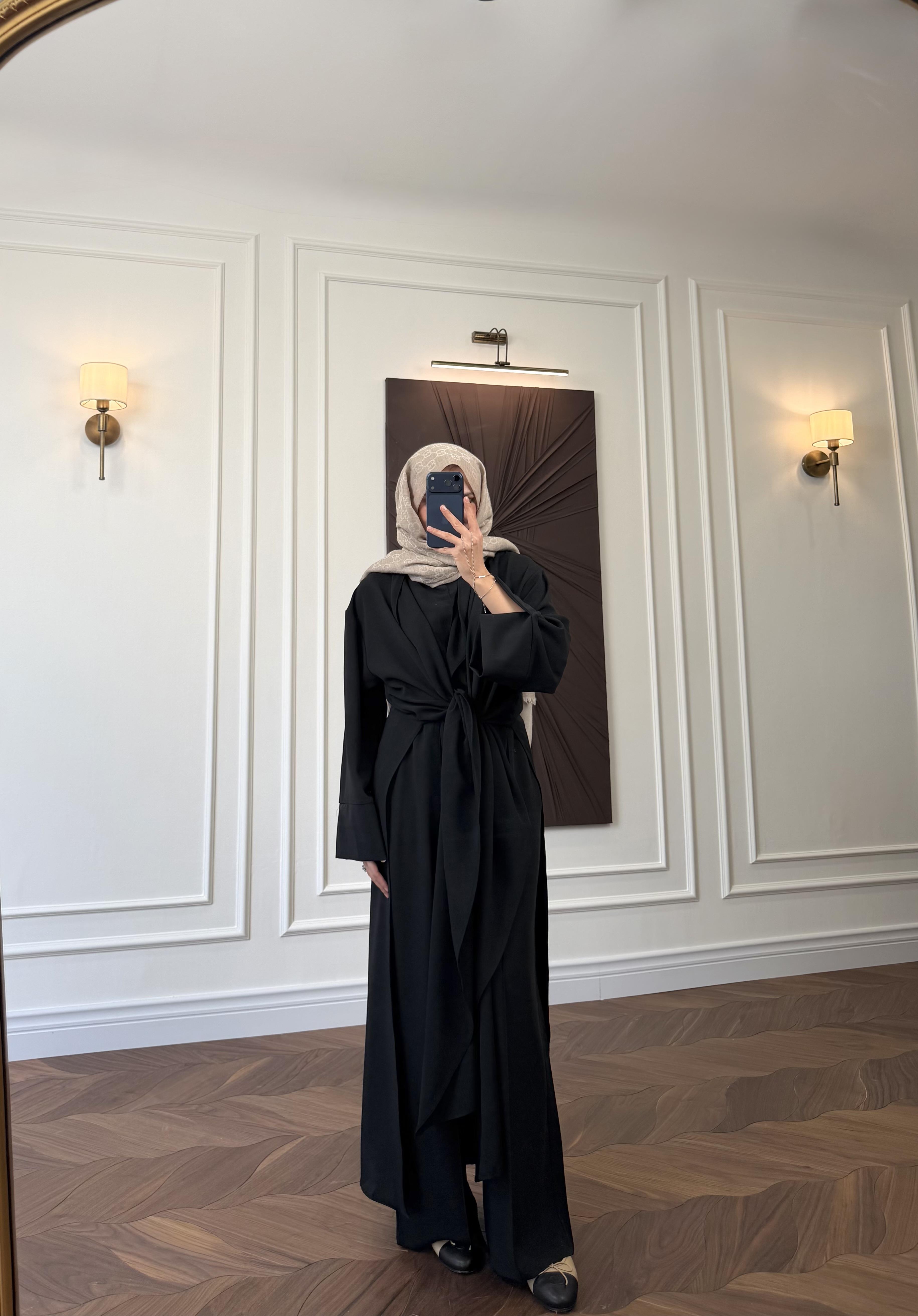 Loren Üçlü Abaya Set - Siyah
