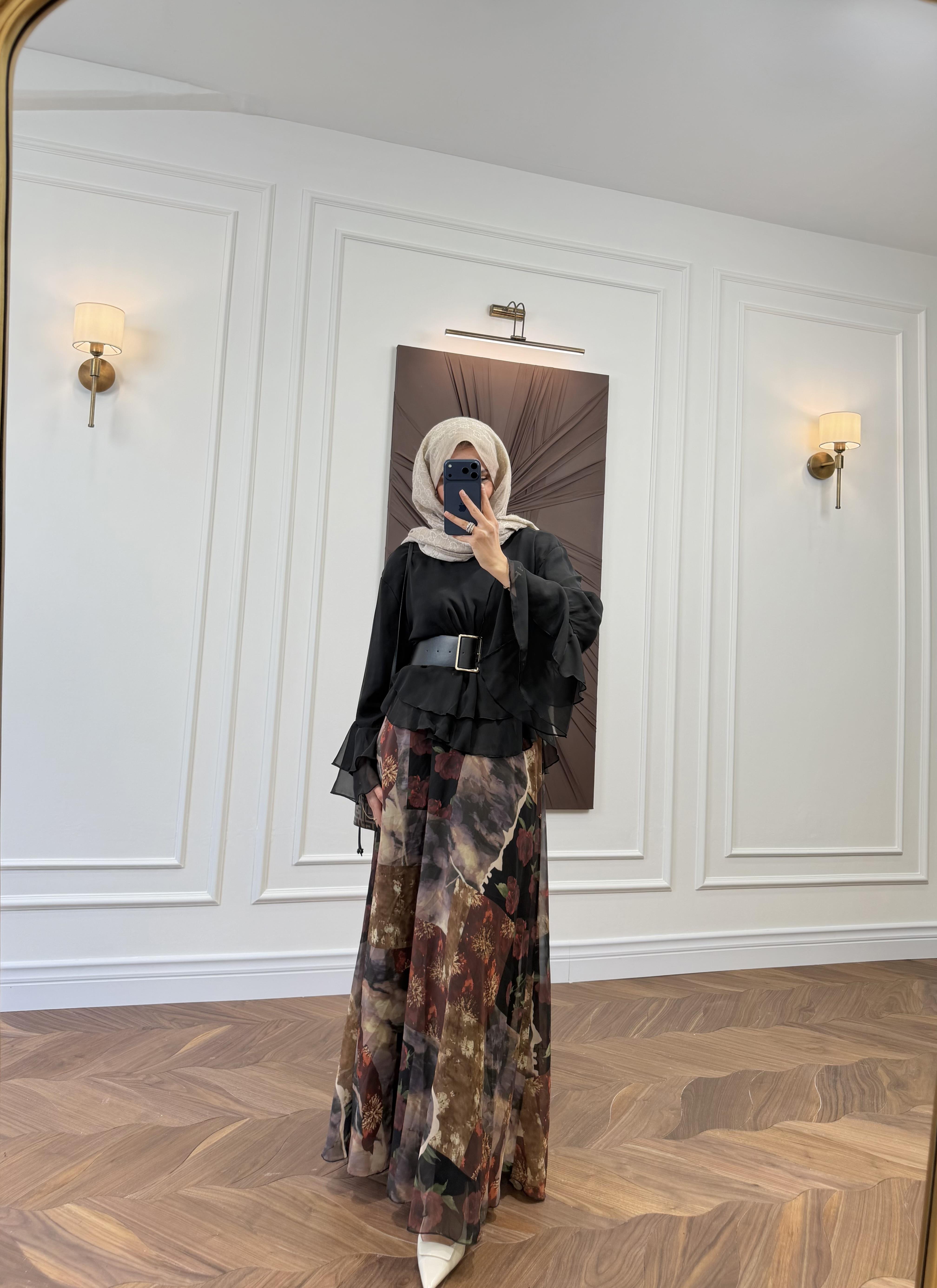 Melotti Eteği Desenli Takım - Siyah 