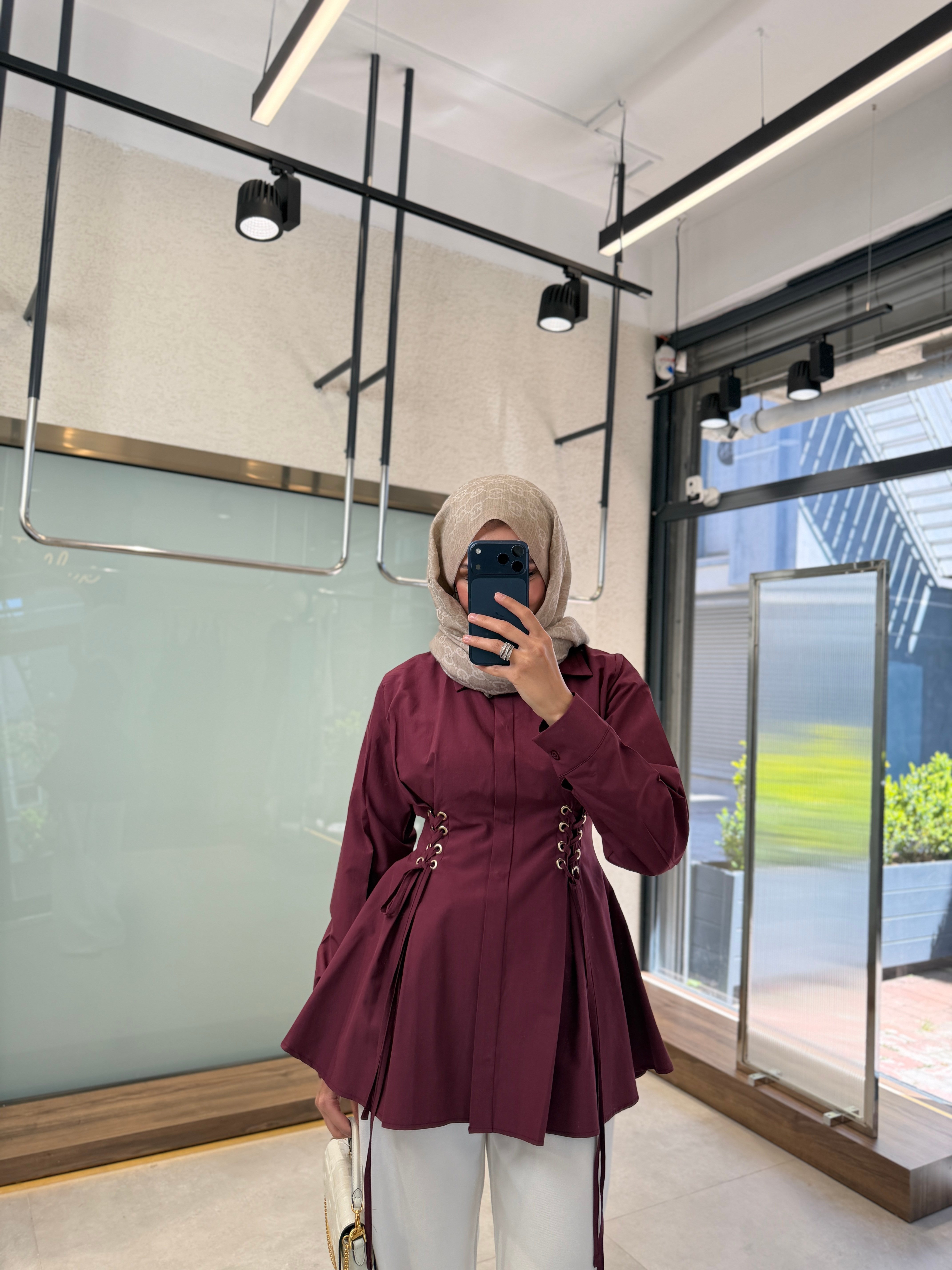 Bağcık Detaylı Poplin Gömlek - Bordo