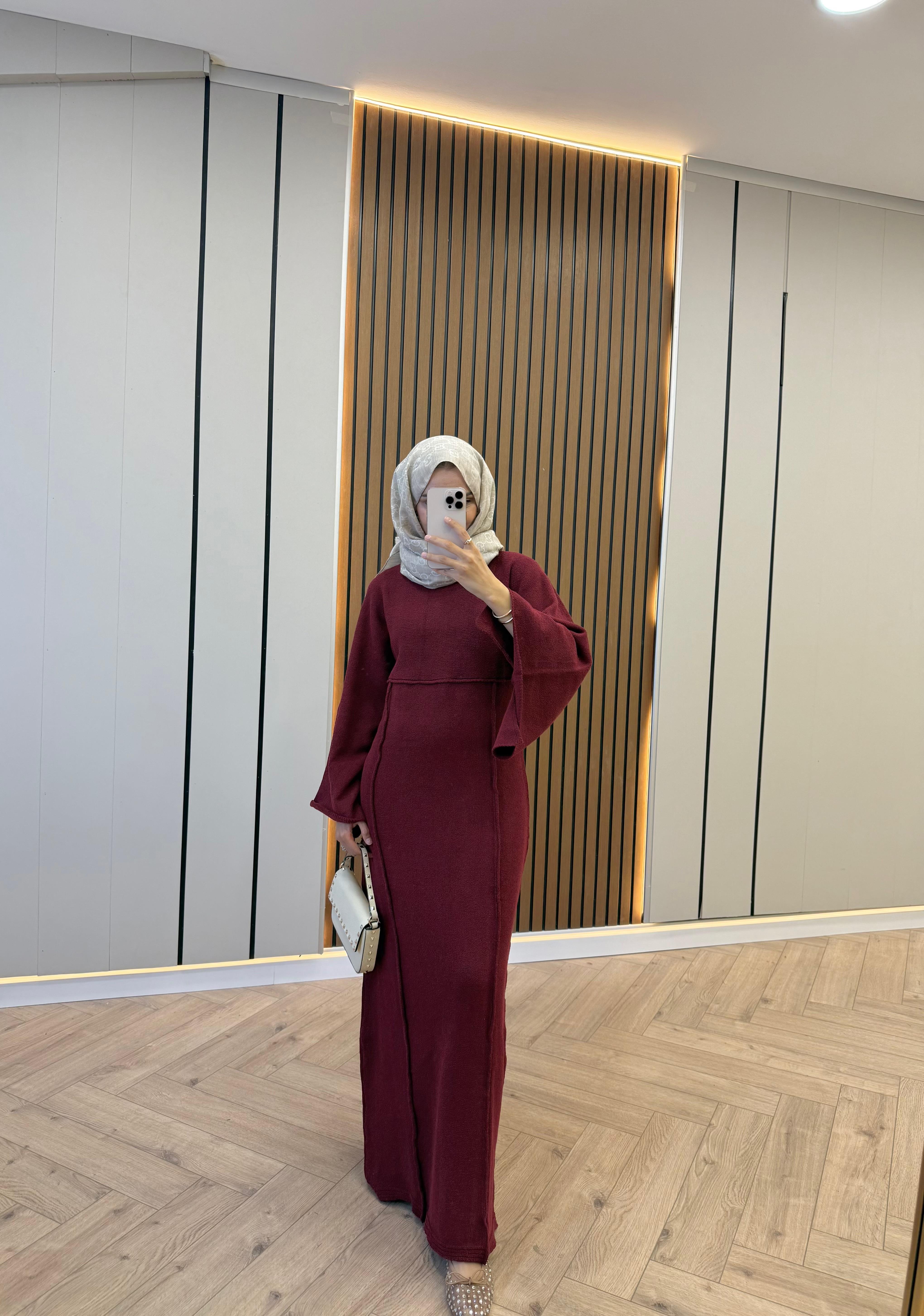 Şerit Detaylı Triko Elbise Bordo
