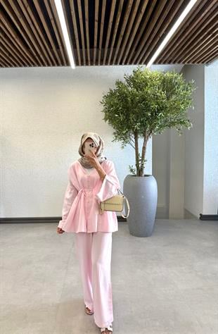 Venüs Düğmeli Keten Takım - Pembe