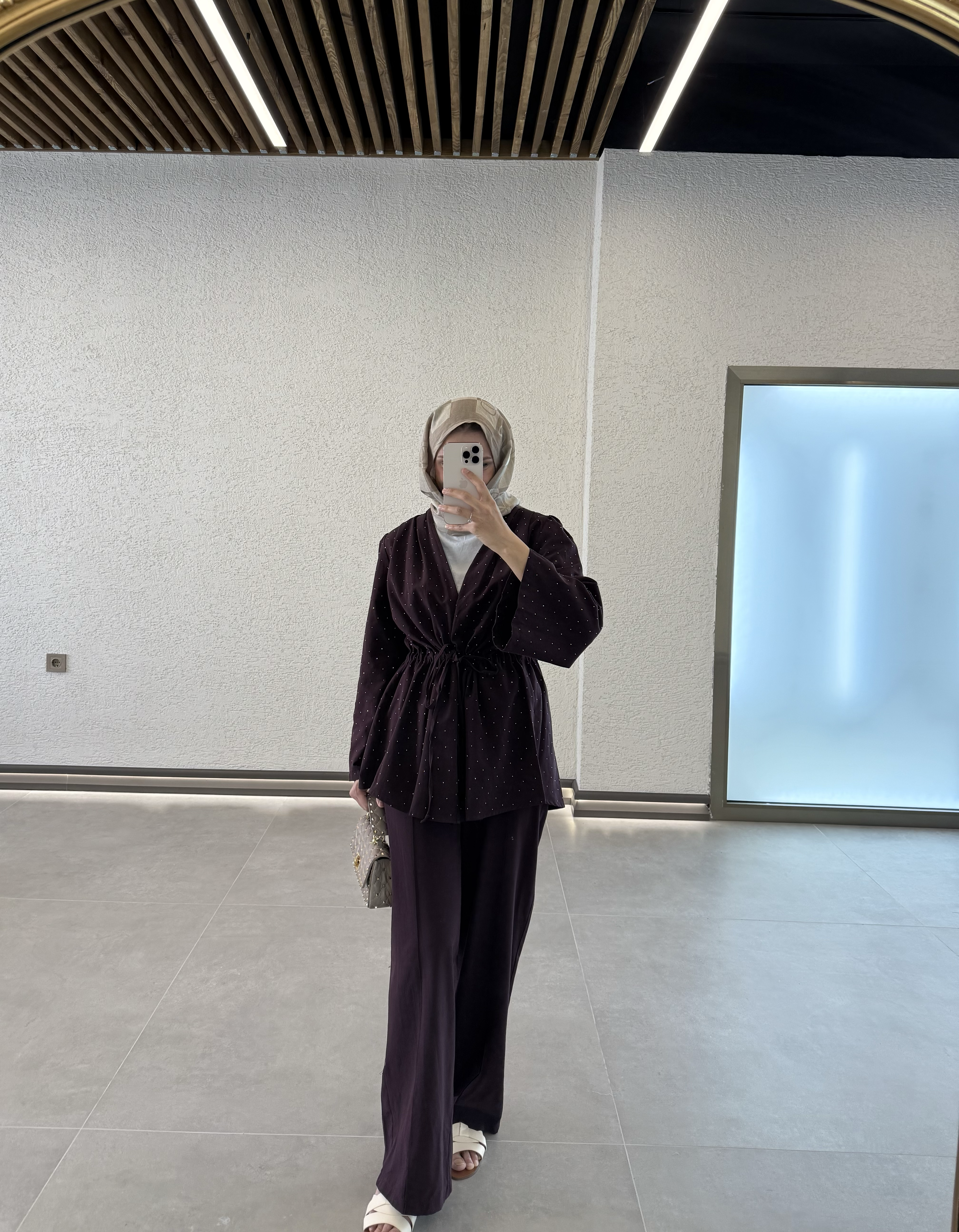 Taşlı İnce Keten Takım - mürdüm - Duendeca