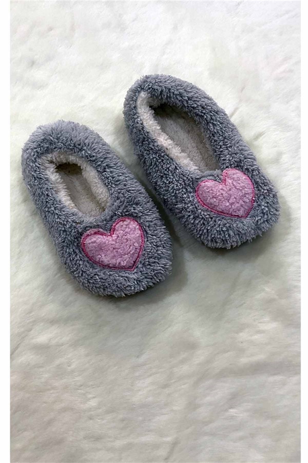 Çocuk Babet Panduf 5-6 Yaş Gri Pembe Kalp