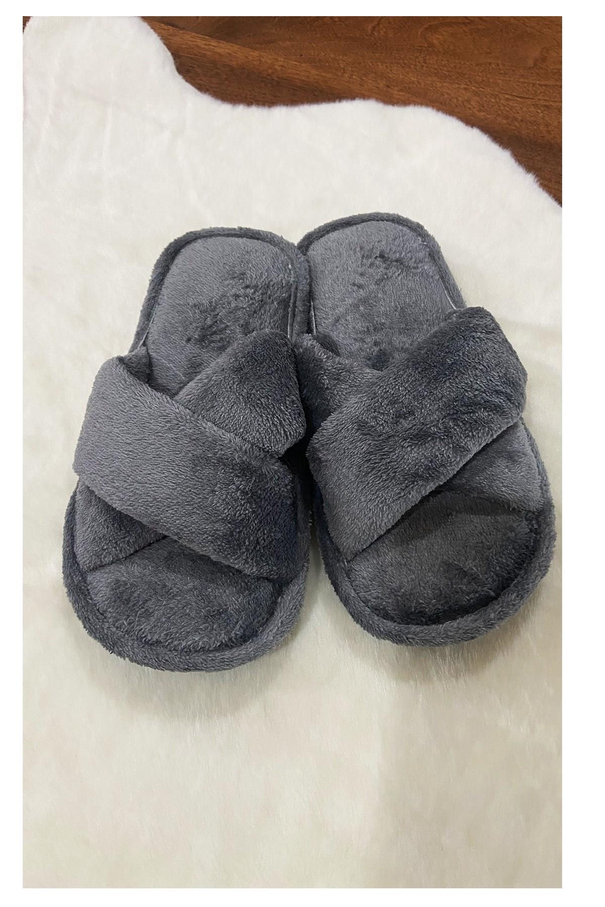 Kadın Ev Terliği Çapraz Bant Peluş Gri