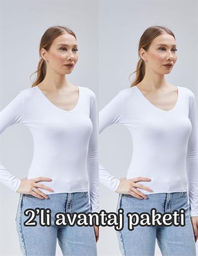 Virago 2'Lİ Soft Cotton V Yaka Uzun Kol Bluz/Body