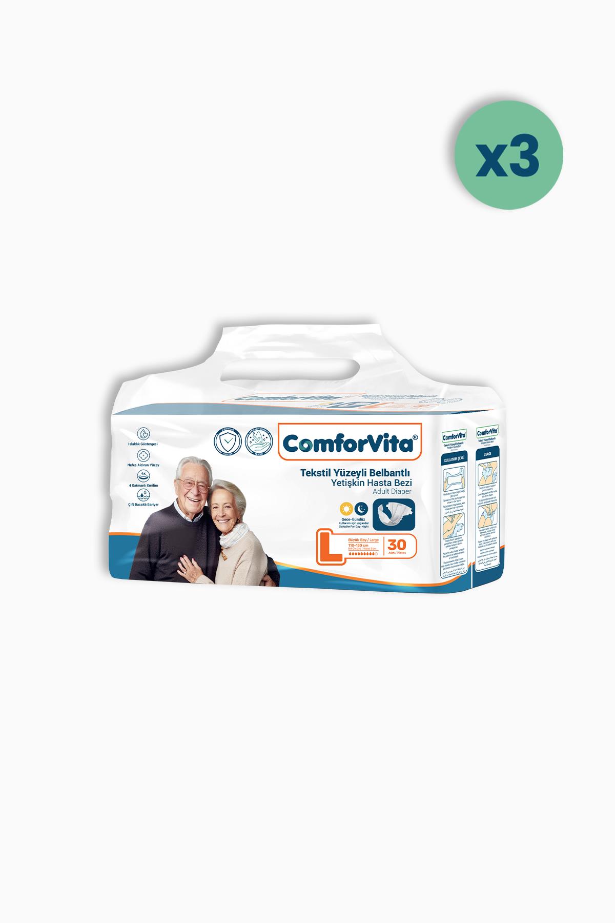 ComforVita Tekstil Yüzeyli Belbantlı 30lu Hasta Bezi 3 Adet - Large
