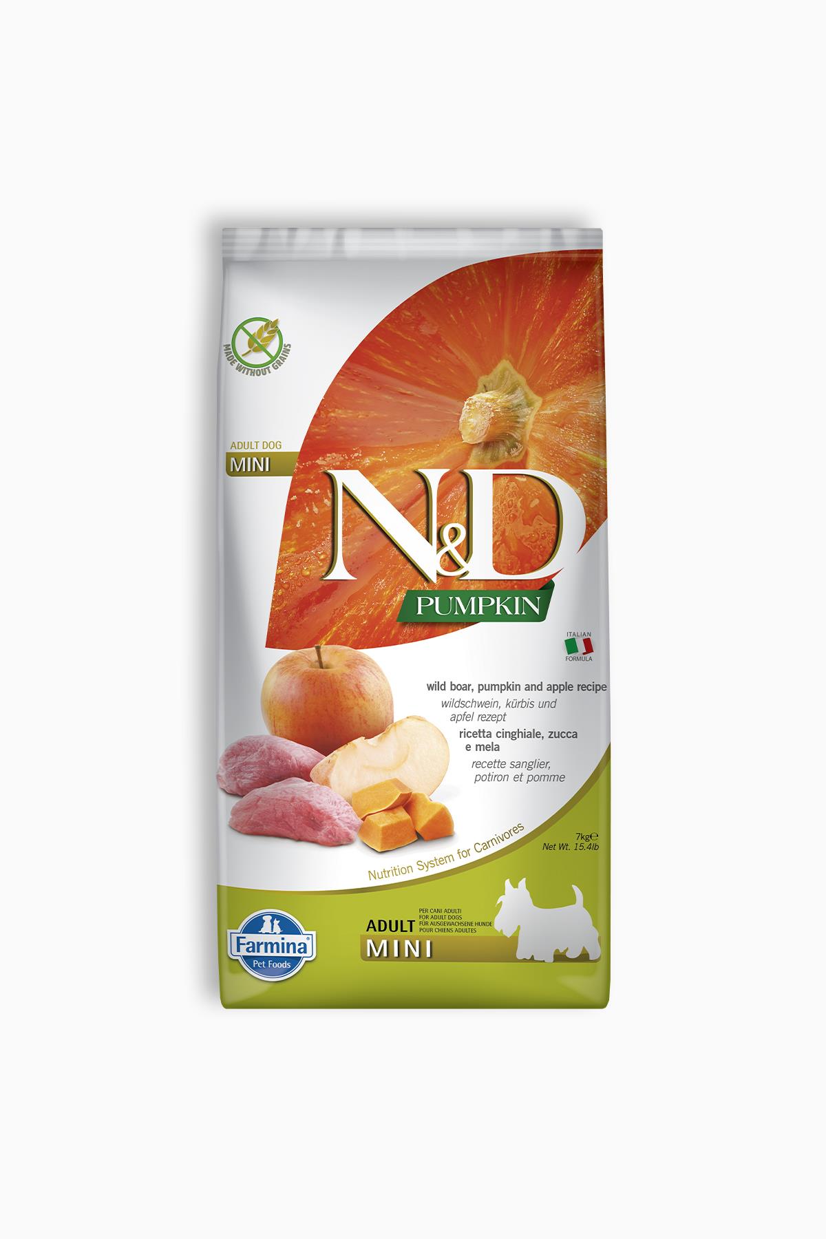 N&D Pumpkin Tahılsız Balkabaklı Yaban Domuzu Etli ve Elmalı Mini Yetişkin Kuru Köpek Maması 7 Kg