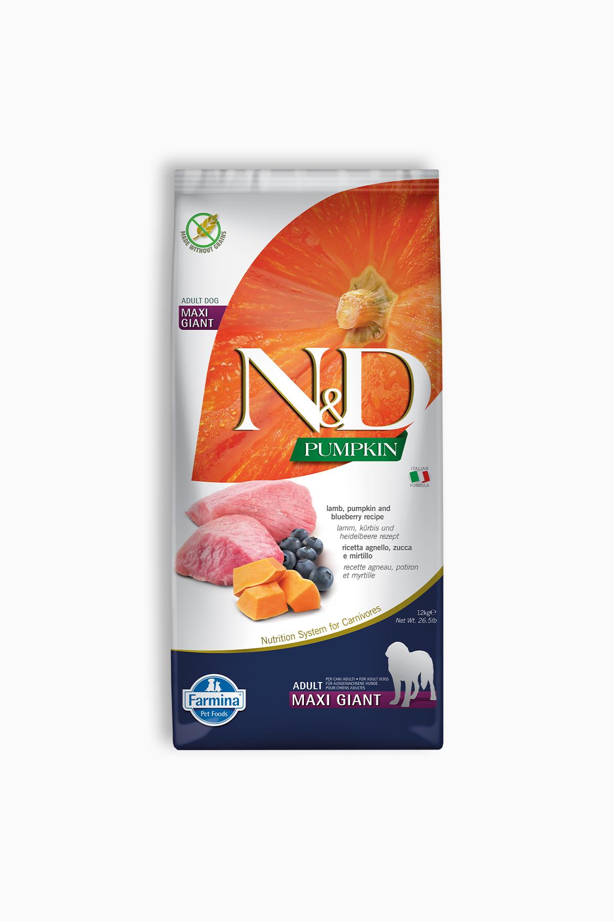 N&D Pumpkin Tahılsız Balkabaklı Kuzu Etli Yaban Mersinli Giant Maxi Yetişkin Kuru Köpek Maması 12 Kg