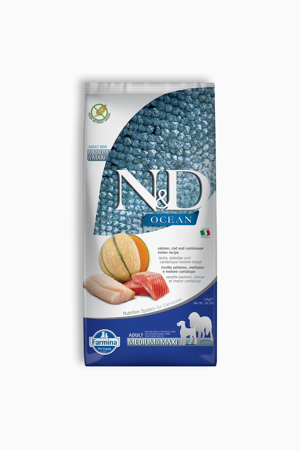 N&D Ocean Tahılsız Somon Mori.&Kavun Adult Med. Maxi Yetişkin Kuru Köpek Maması 12 Kg