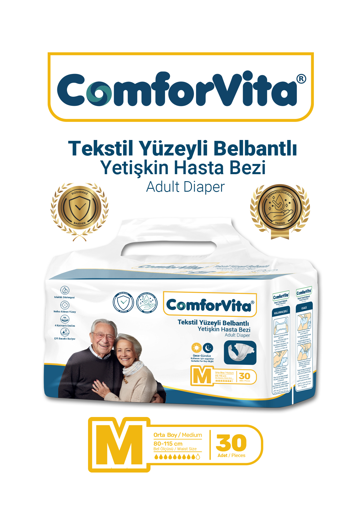 ComforVita Tekstil Yüzeyli Belbantlı 30lu Hasta Bezi - Medium