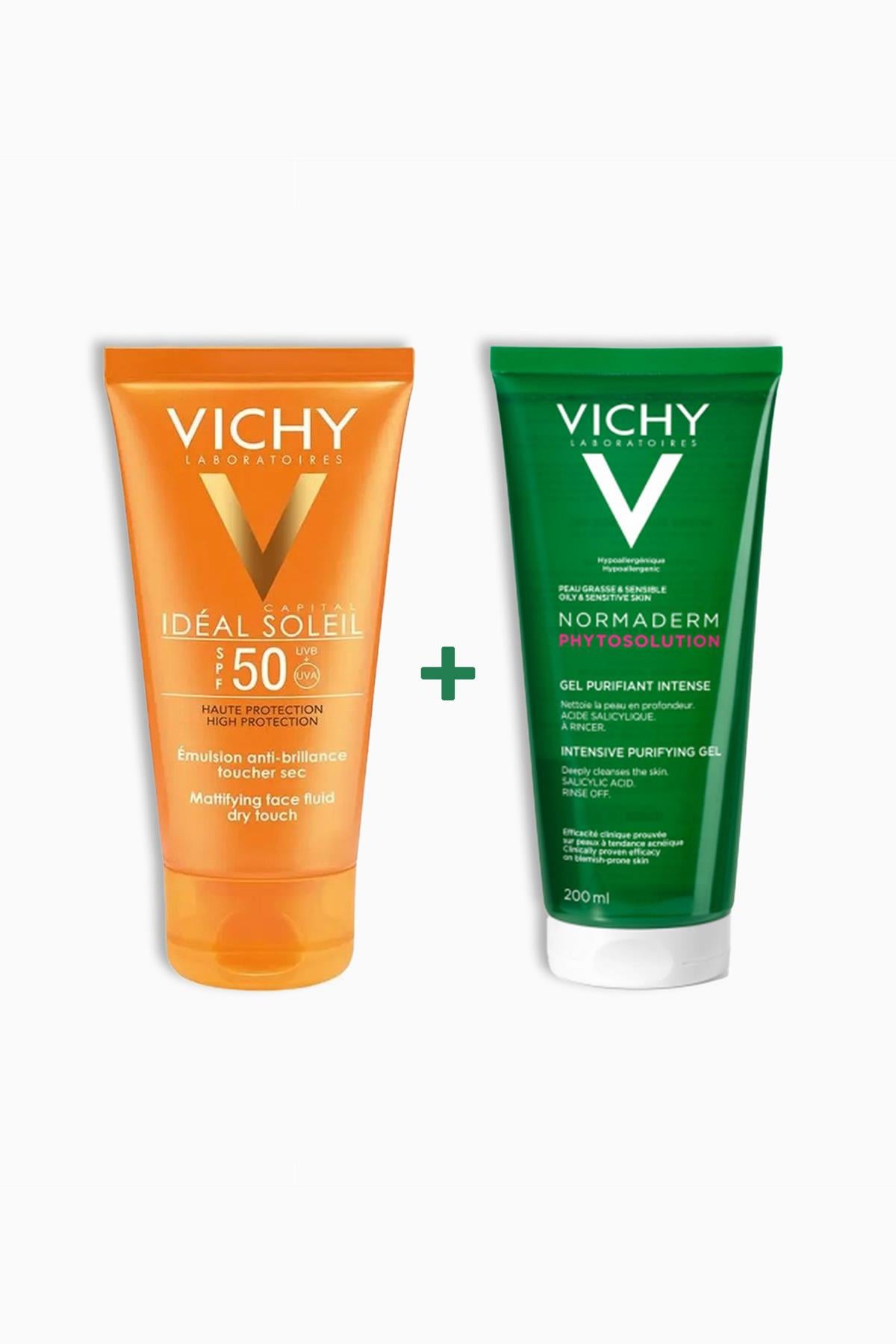Vichy Normaderm Phytosolution Arındırıcı Jel 200 ml + Vichy Dry Touch Güneş Kremi SPF50+ 50 ml Günlük Bakım Seti 