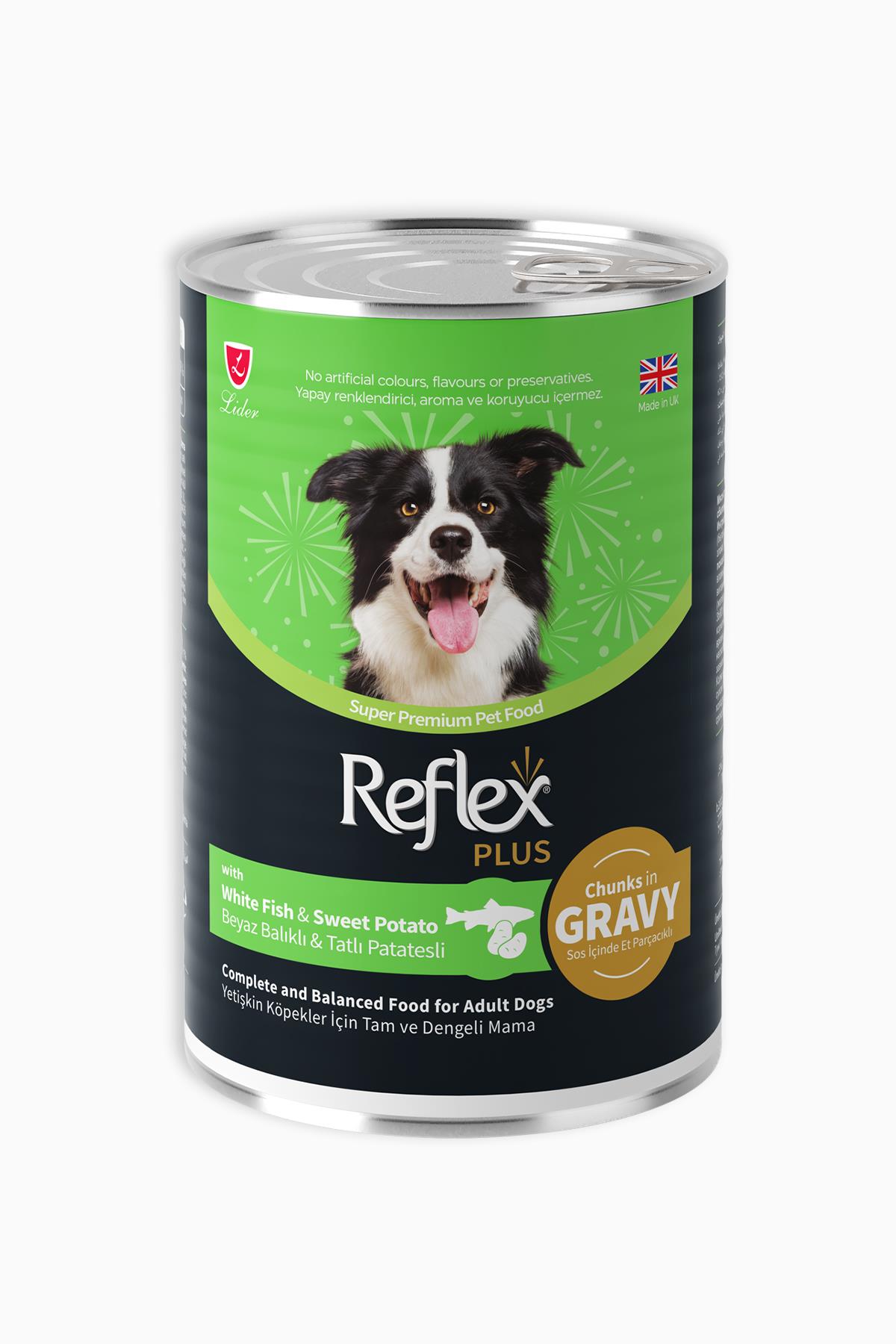 Reflex Plus Sos İçinde Et Parçacıklı Beyaz Balıklı Ve Tatlı Patatesli Yetişkin Köpek Maması 400 gr