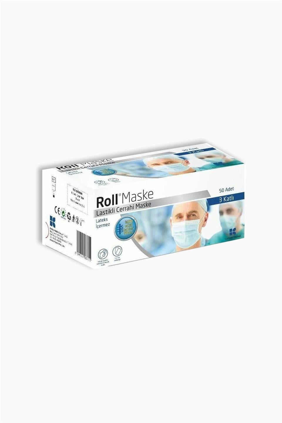 Roll Maske 3 Katlı Tekli Paketlenmiş Cerrahi Maske Telli 50li