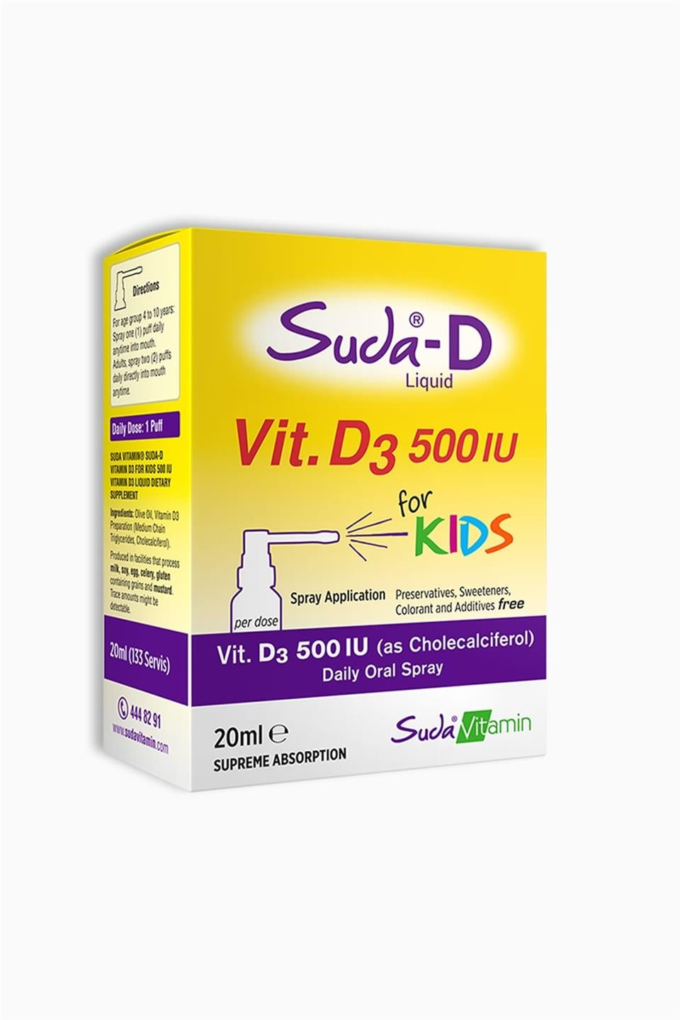 Suda-D Vitamin D3 500 IU Çocuklar İçin Günlük Oral Sprey 20 ml