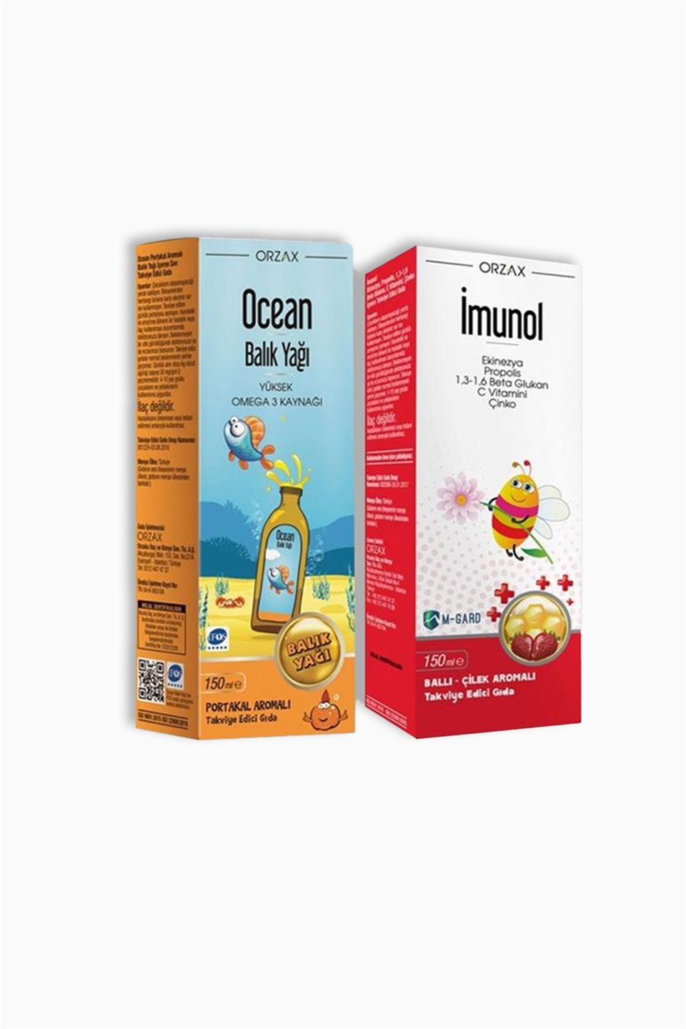 Ocean Balık Yağı Portakal Aromalı 150 ml + Imunol Şurup 150 ml - %50 İndirimli Kofre | Orzax | Orzax Ocean Omega 3 Portakallı Balık Yağı Şurubu Kral Şakir 150 ml + Kalem Kutusu Hediyeli