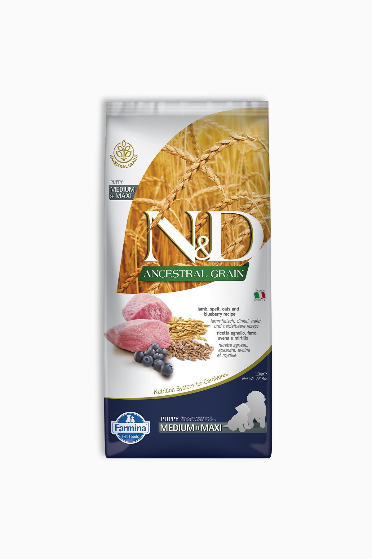 N&D Ancestral Grain Düşük Tahıllı Kuzu Etli ve Yaban Mersinli 12 kg Orta ve Büyük Irk Yavru Köpek Maması