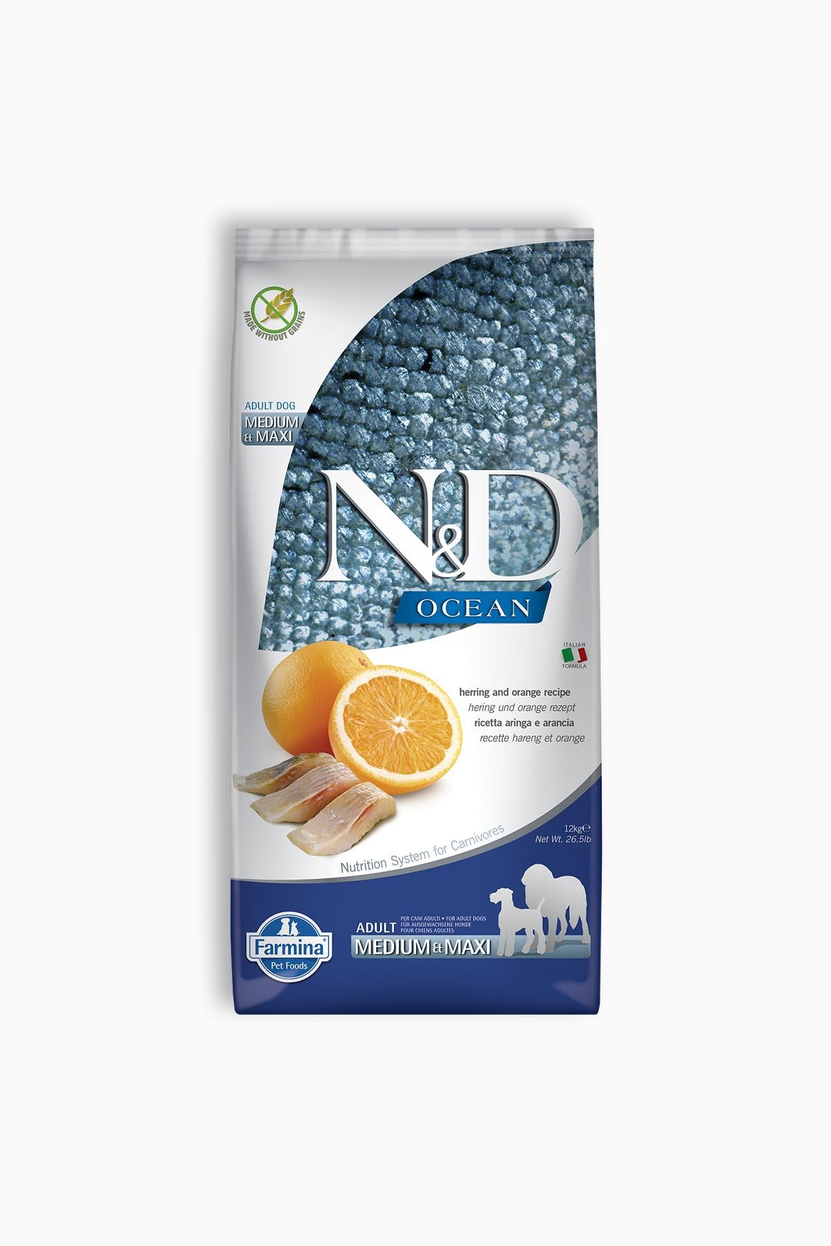 N&D Ocean Tahılsız Ringa Balık Portakal Medium Maxi Yetişkin Kuru Köpek Maması 12 Kg