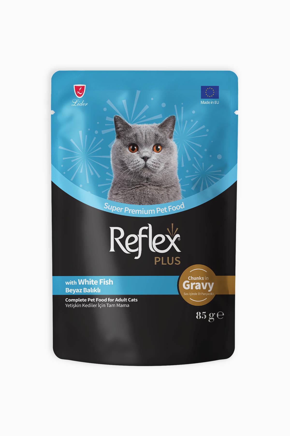 Reflex Plus Sos İçinde Et Parçacıklı Beyaz Balıklı Yetişkin Kedi Maması 85 gr