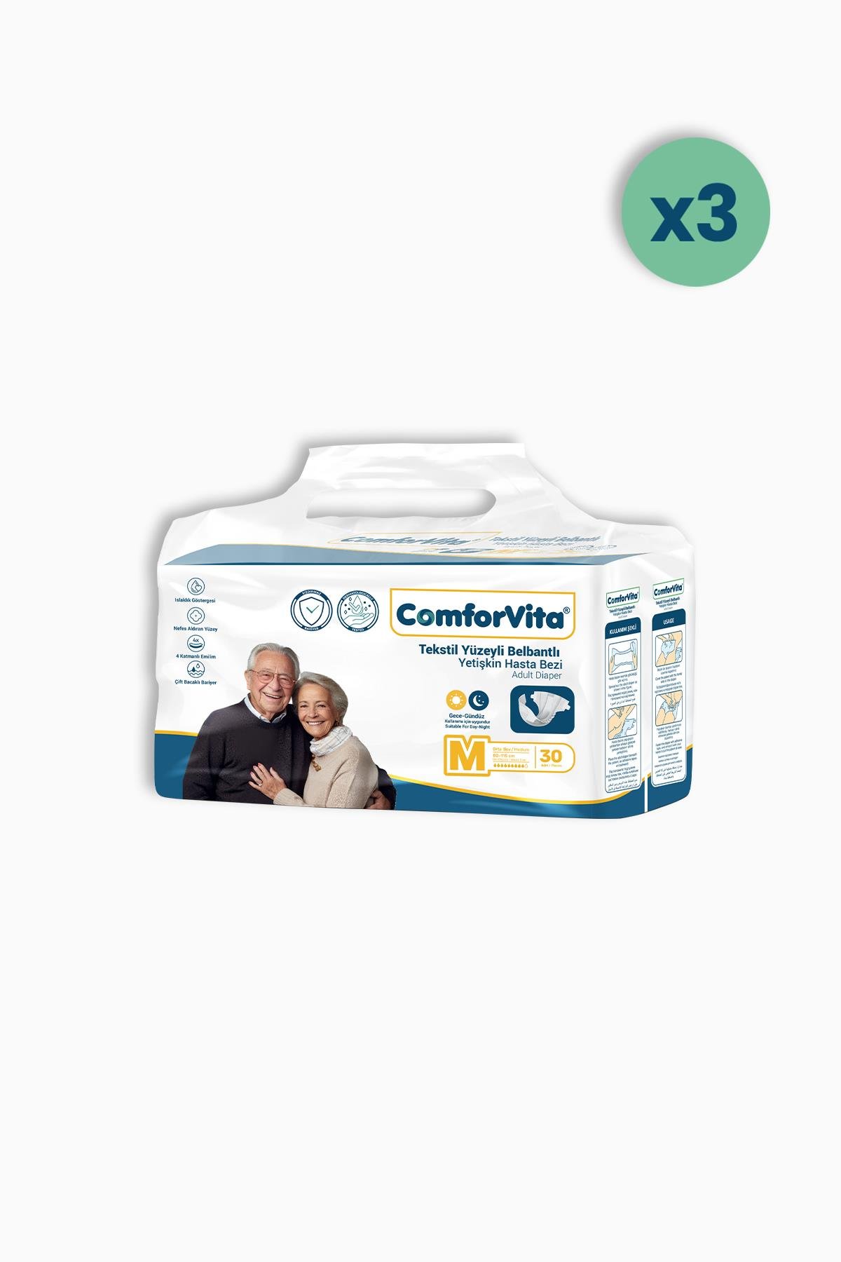 ComforVita Tekstil Yüzeyli Belbantlı 30'lu Hasta Bezi 3 Adet - Medium