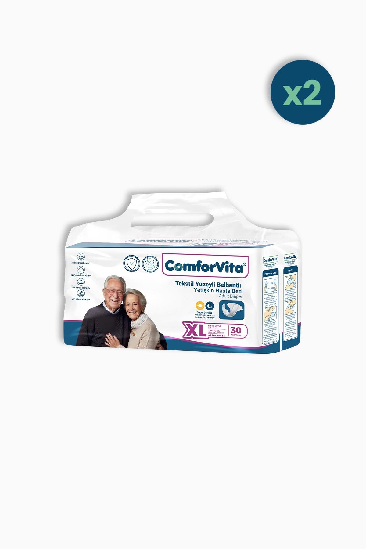 ComforVita Tekstil Yüzeyli Belbantlı 30'lu Hasta Bezi 2 Adet - XLarge