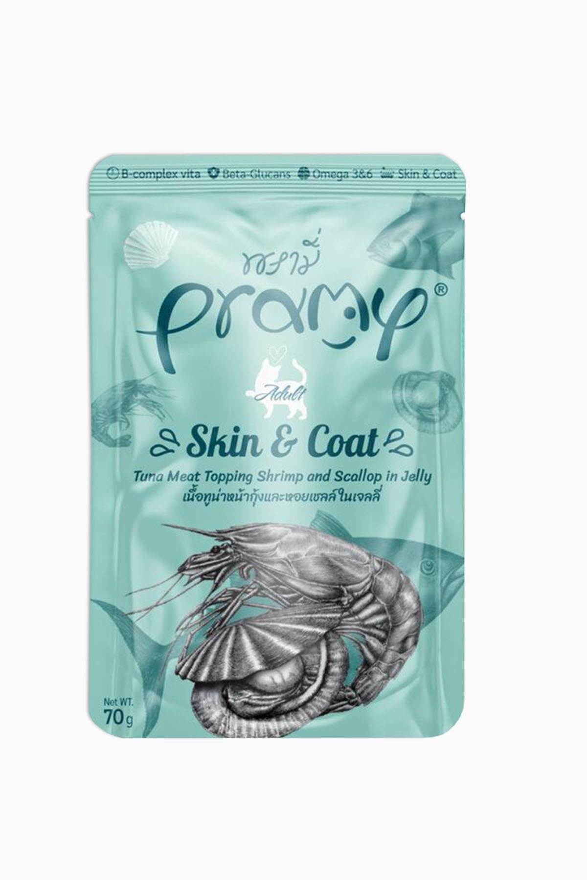 Pramy Jöle İçinde Karidesli, Deniz Taraklı ve Ton Balıklı Yetişkin Kedi Maması 70 Gr