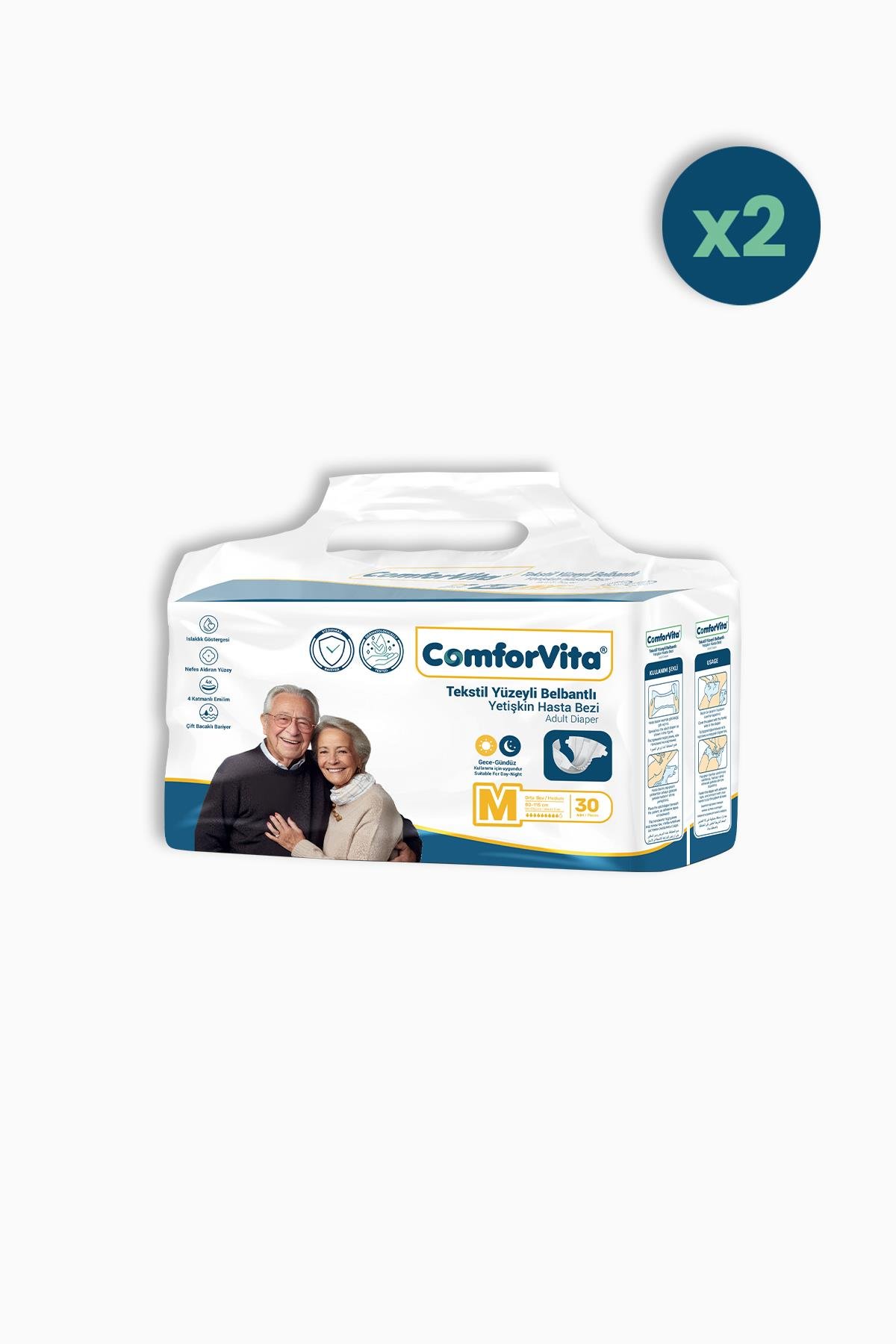 ComforVita Tekstil Yüzeyli Belbantlı 30'lu Hasta Bezi 2 Adet - Medium