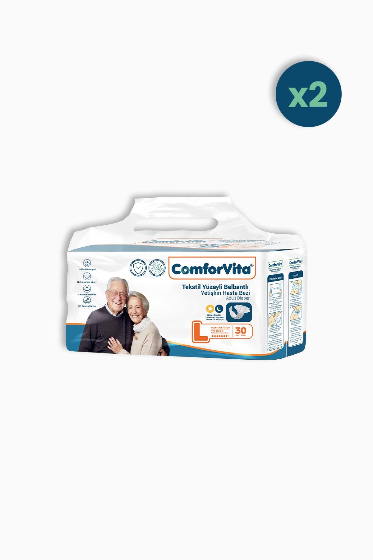 ComforVita Tekstil Yüzeyli Belbantlı 30'lu Hasta Bezi 2 Adet - Large