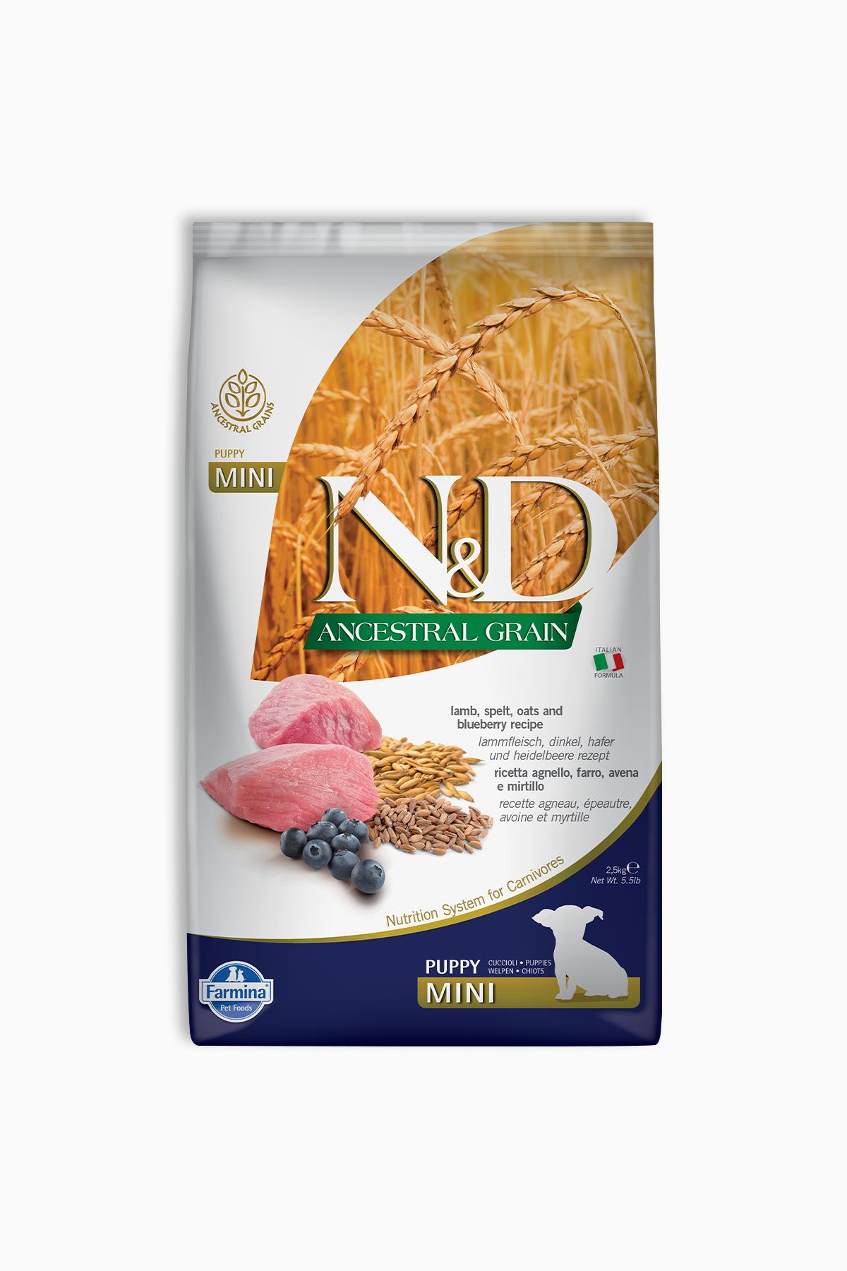 N&D Ancestral Grain Düşük Tahıllı Kuzu Etli ve Yaban Mersinli 2.5 kg Küçük Irk Yavru Köpek Maması