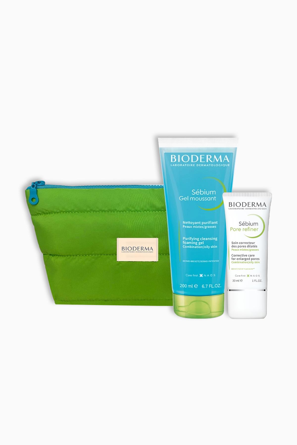 Bioderma Sebium Foaming Gel Tüp 200 ml + Sebium Pore Refiner Krem 30 ml-Makyaj Çantası Hediyeli
