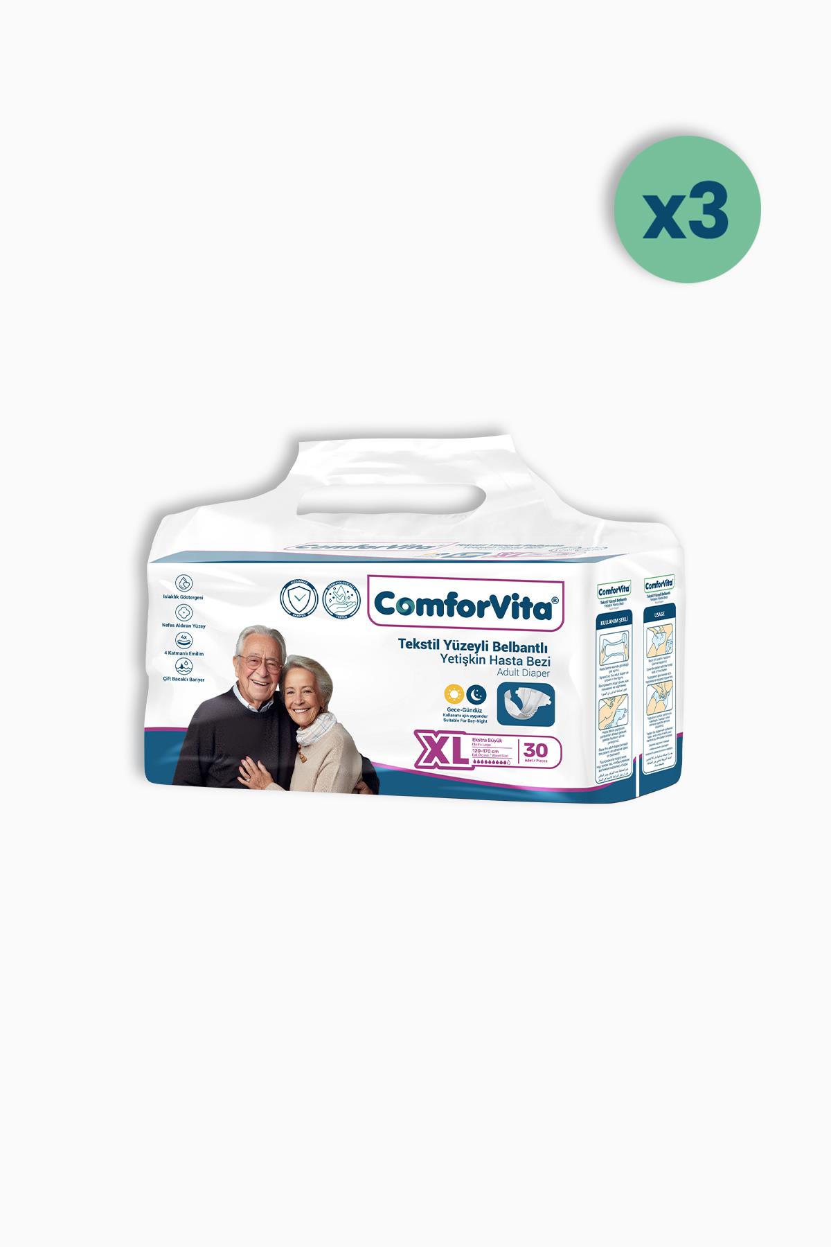 ComforVita Tekstil Yüzeyli Belbantlı 30'lu Hasta Bezi 3 Adet - XLarge