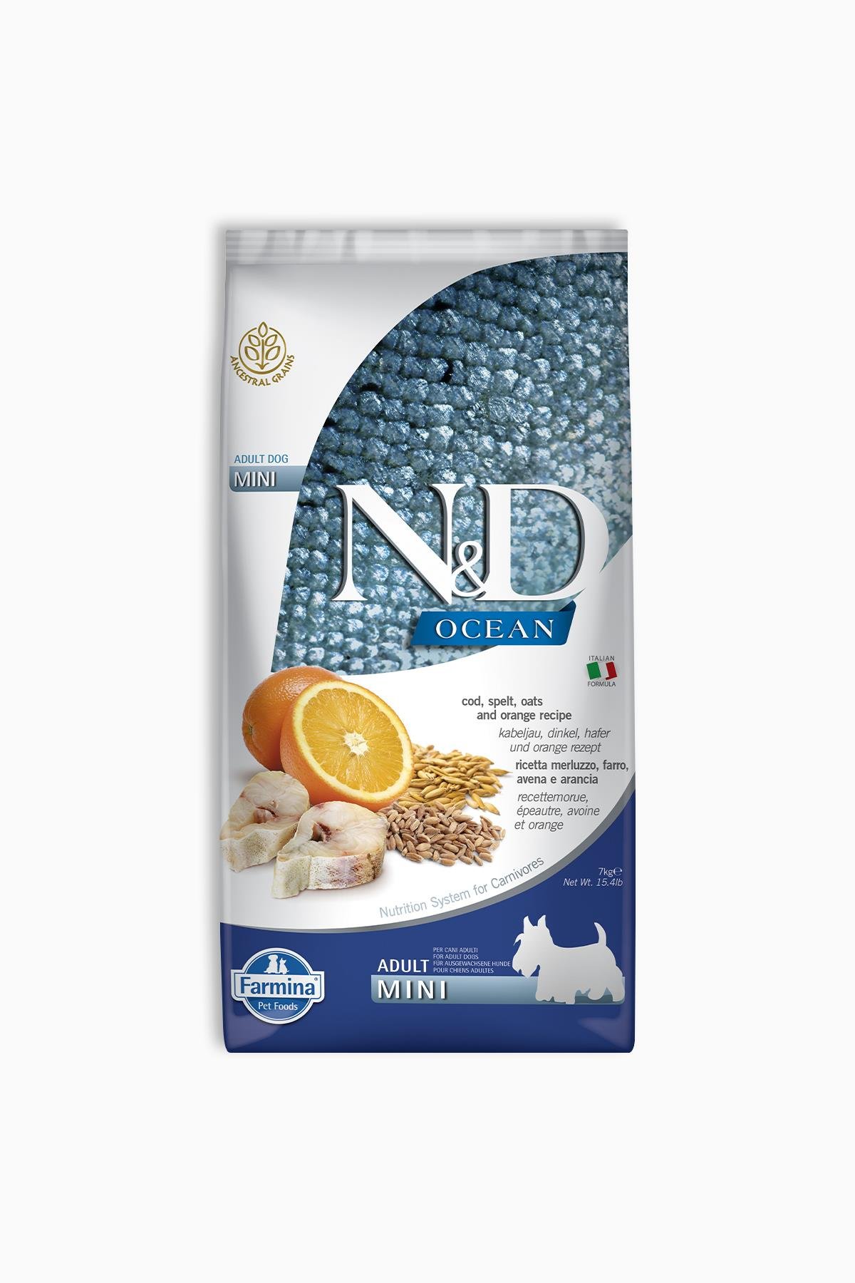 N&D Ocean Morina Balığı, Kılçıksız Buğday, Yulaf & Portakal Yetişkin Mını 7 Kg