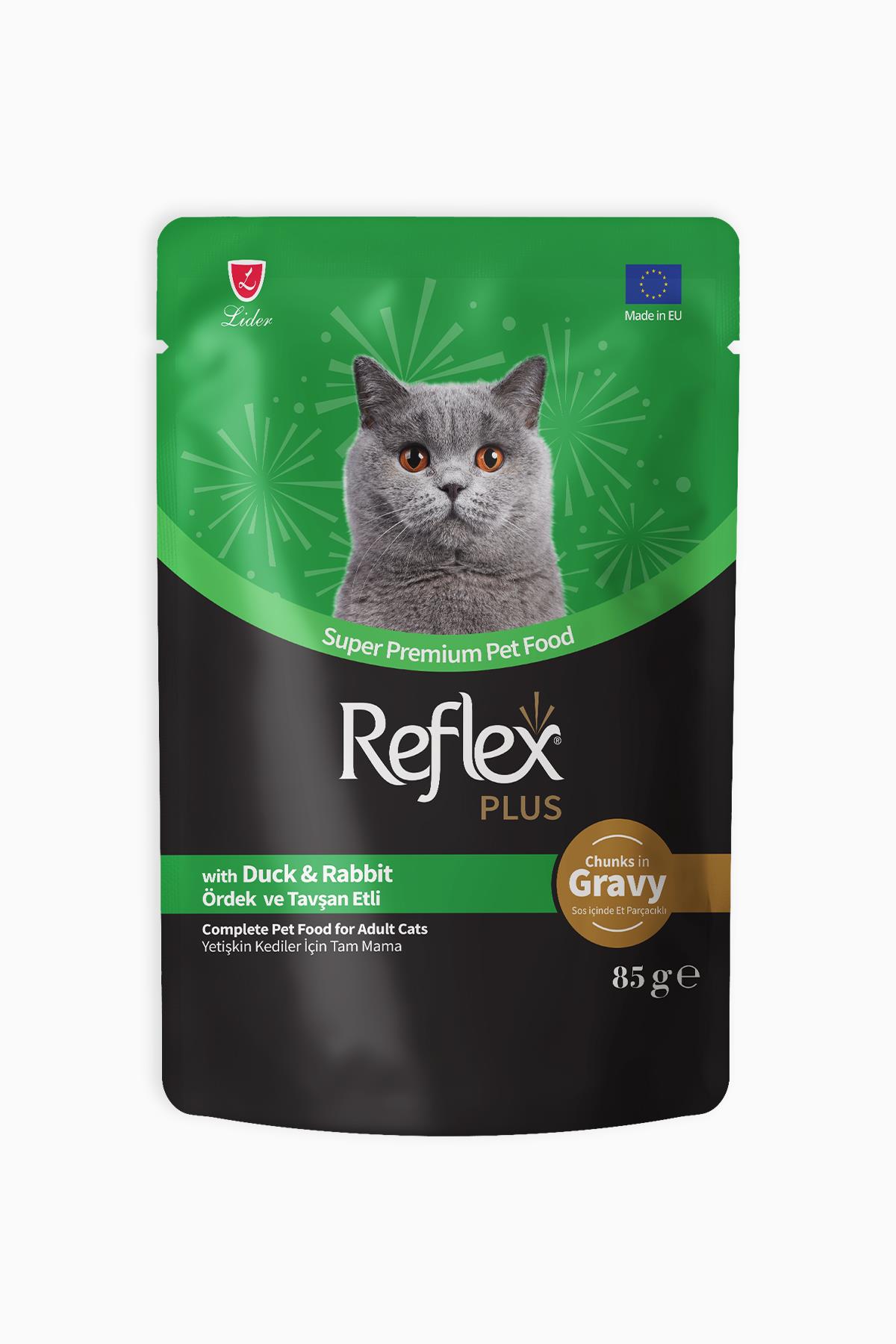 Reflex Plus Sos İçinde Et Parçacıklı Ördekli Ve Tavşanlı Yetişkin Kedi Maması 85 gr