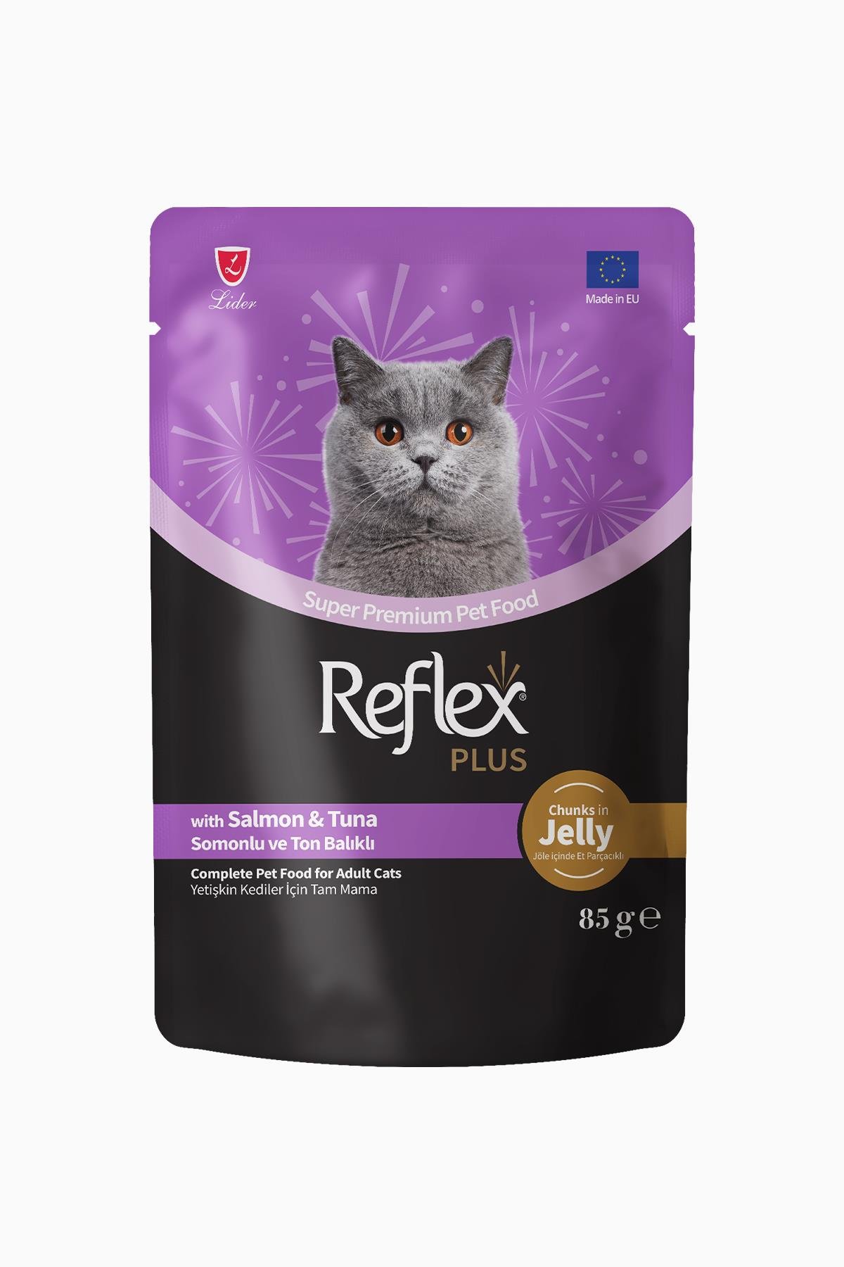 Reflex Plus Jöle İçinde Et Parçacıklı Somonlu Ve Ton Balıklı Yetişkin Kedi Maması 85 gr