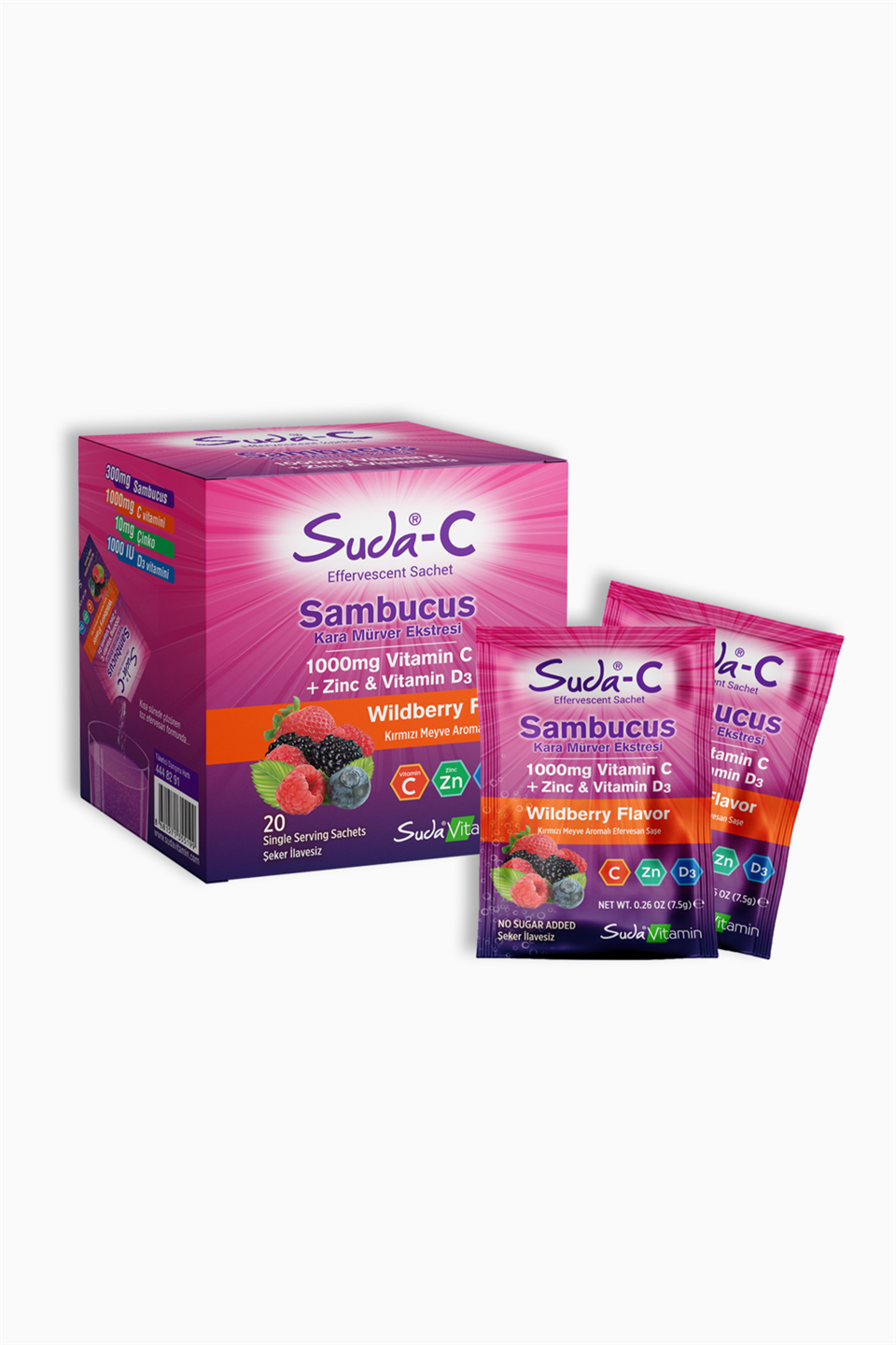 Suda-C Sambucus 1000 mg Vitamin C + Zinc D3 20 Saşe | Suda Vitamin | Suda-C Sambucus 500 mg Vitamin C + Zinc D3 20 Saşe