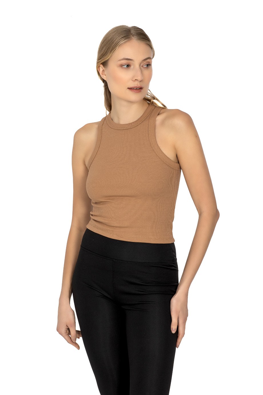 BİSİKLET YAKA KAŞKORSE KAHVERENGİ CROP BÜSTİYER
