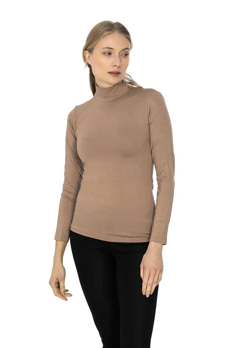 UZUN KOLLU DİK YAKA VİZON KOMPAKT ÖRME BLUZ
