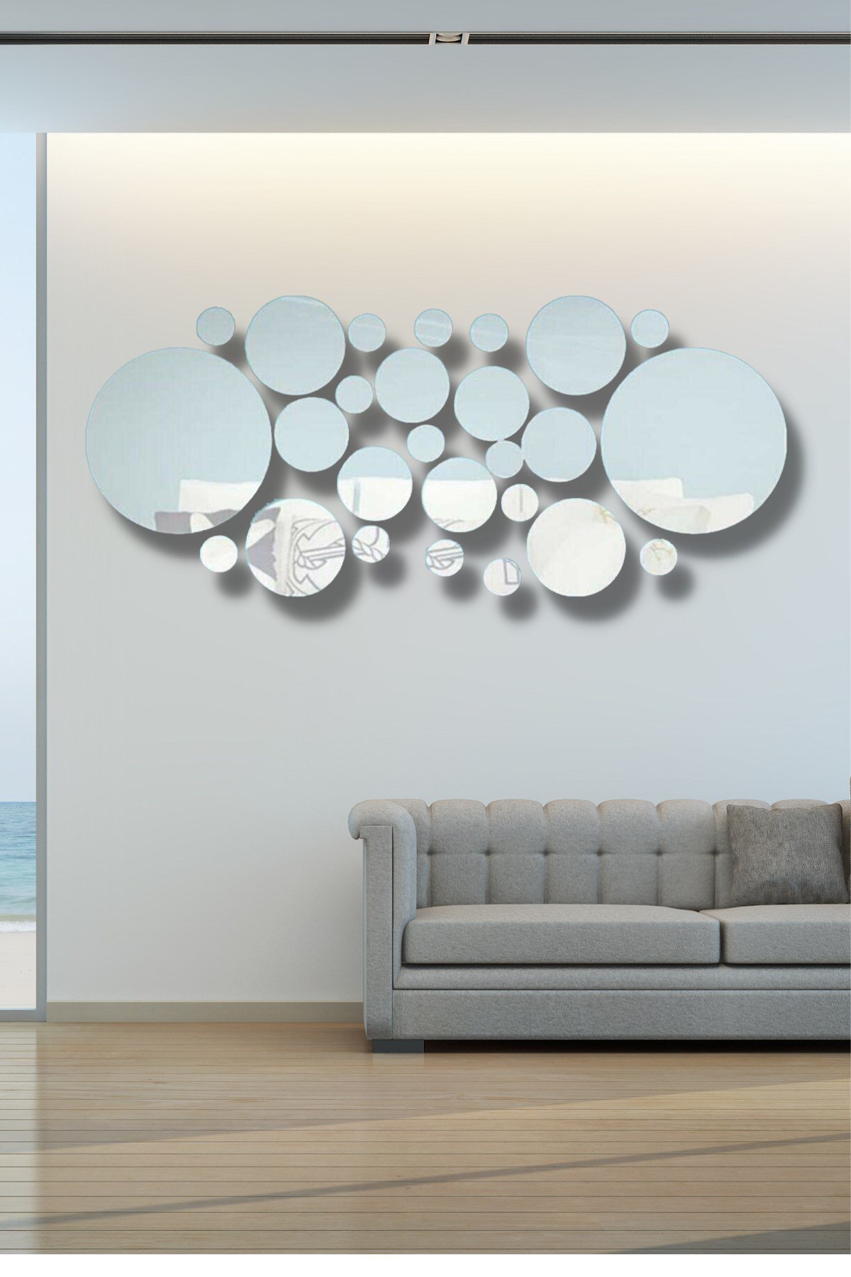 Gümüş Pleksi 26 Parça Yuvarlak Ayna Duvar Dekoru Salon Oturma Yatak Odası  için 120x60cm Ayna Seti