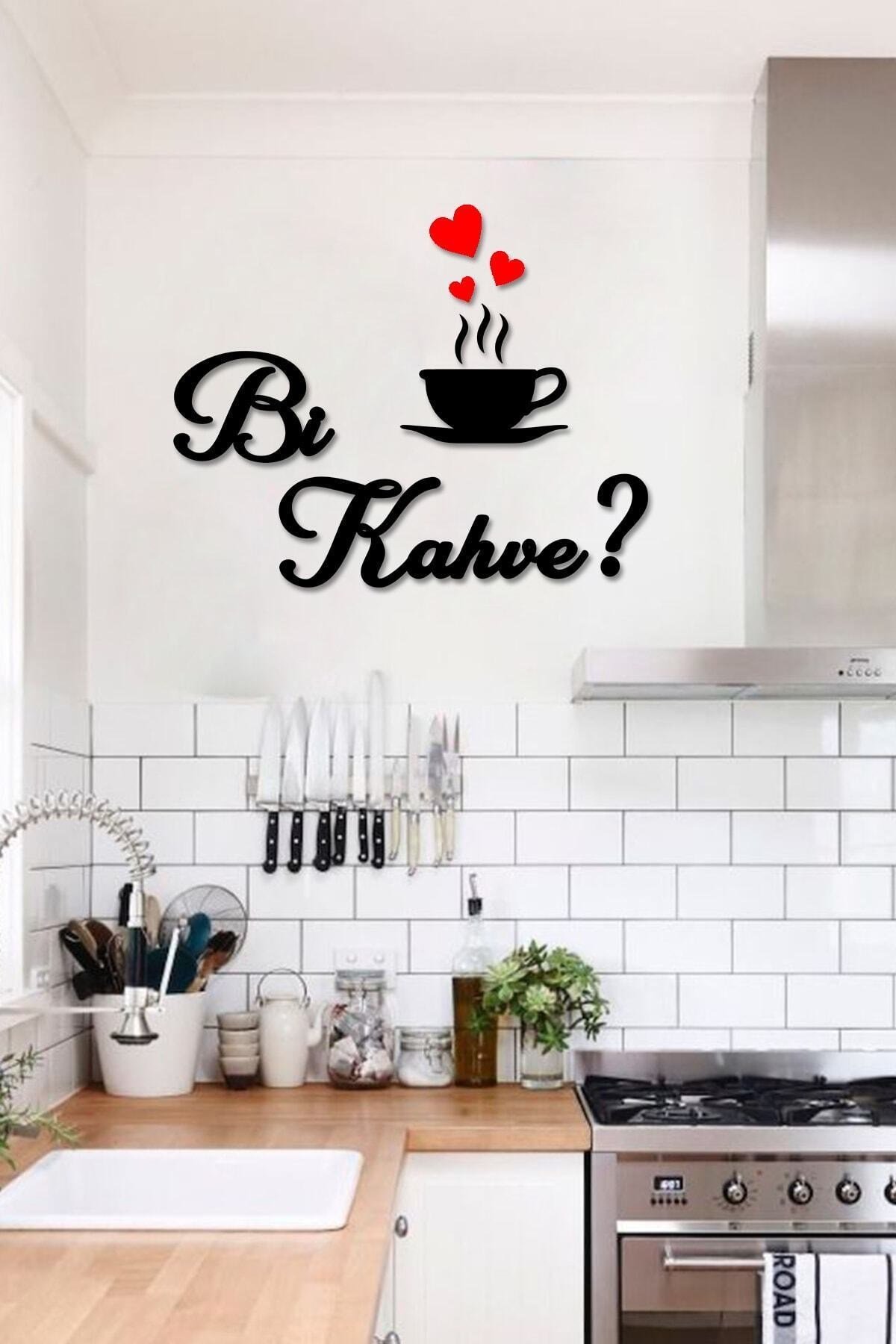 Siyah Ahşap Kalpli Bi Kahve Duvar Dekoru - Mutfak Cafe Kahve Kösesi için  45x62 cm Mdf Tablo