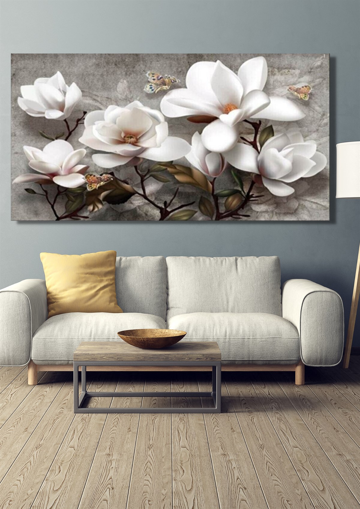 Modern Beyaz Çiçekler 60x120cm Kanvas Tablo - Salon Oturma Yatak Odası Ofis  Antre için Duvar Dekoru