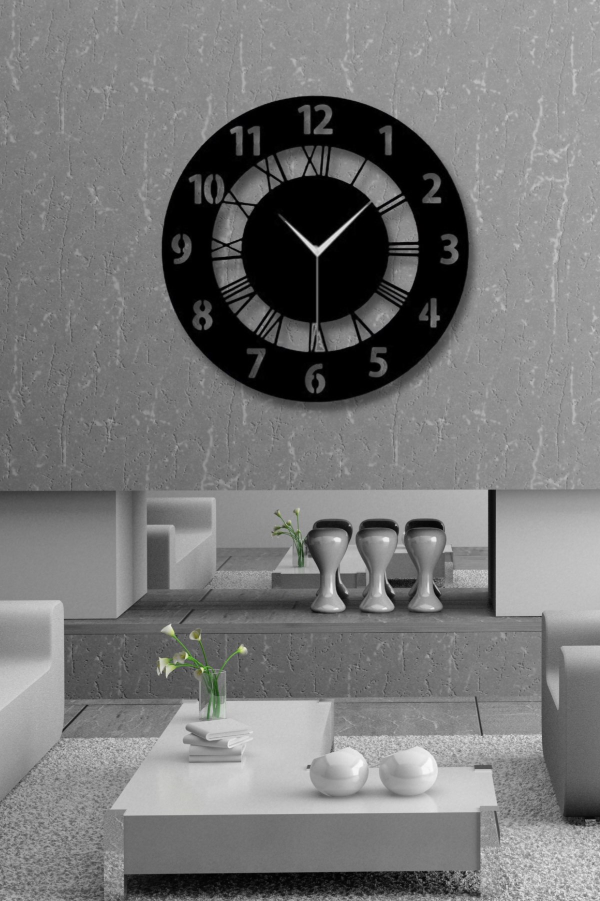 Siyah Ahşap Yuvarlak Roma Rakamlı Duvar Saati Salon Oturma Yatak Odası Ofis  için 40x40 Duvar Dekoru